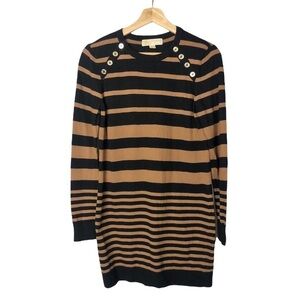 MICHAEL Michael Kors Brown & Black Striped Button Neck Sweater Dress M